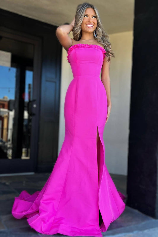 Denver | Strapless Magenta Ruffle Mermaid Prom Dress with Slit