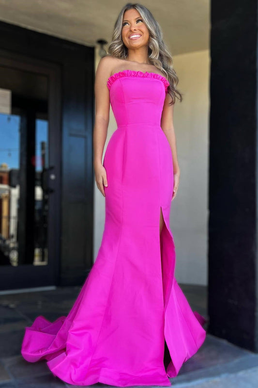 Denver | Strapless Magenta Ruffle Mermaid Prom Dress with Slit