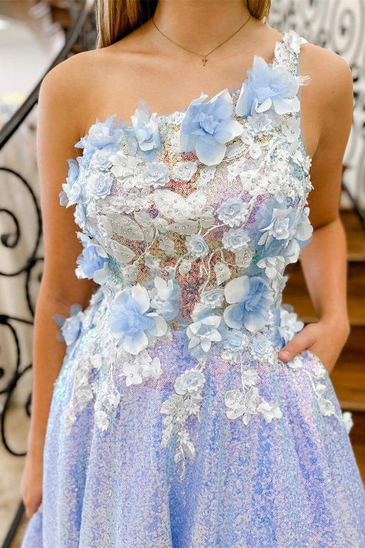 Azaria | Elegant Lilac One Shoulder 3D Flowers Sequin Long Formal Dress