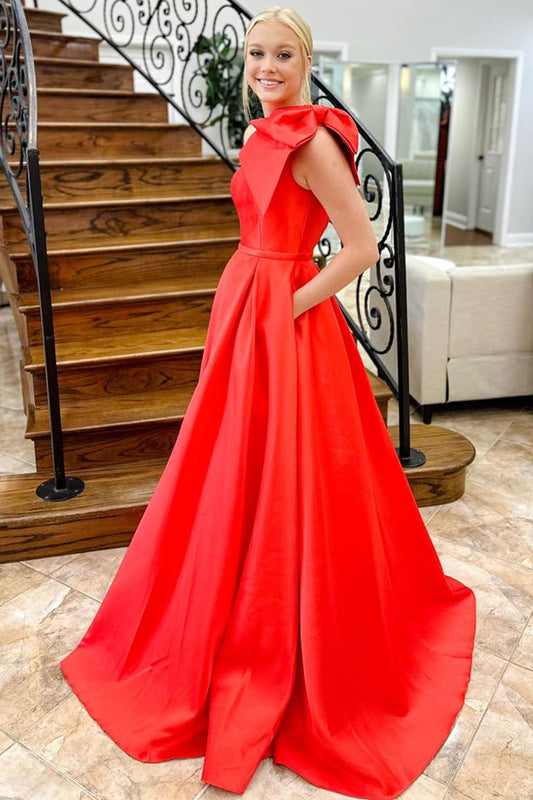 Aliya | Chic Red One Shoulder Bow Tie Satin Prom Dress with Pockets