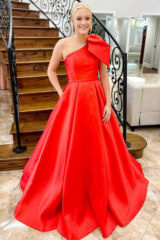 Aliya | Chic Red One Shoulder Bow Tie Satin Prom Dress with Pockets