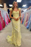 Mckinley | Yellow Mermaid Long Prom Dress with Ruffle Straps and 3D Flowers