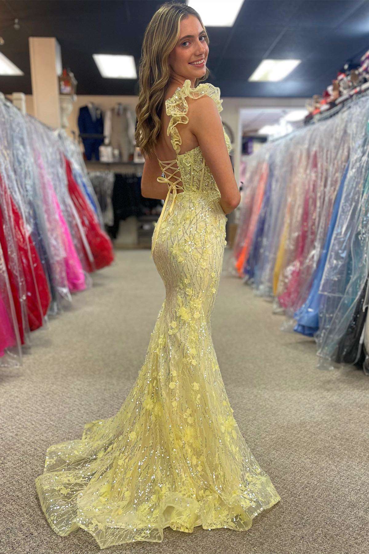 Mckinley | Yellow Mermaid Long Prom Dress with Ruffle Straps and 3D Flowers