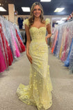 Mckinley | Yellow Mermaid Long Prom Dress with Ruffle Straps and 3D Flowers