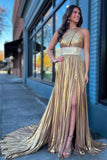 Macy | Metallic Long Prom Dress with Pleated Criss-Cross Straps