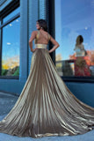 Macy | Metallic Long Prom Dress with Pleated Criss-Cross Straps