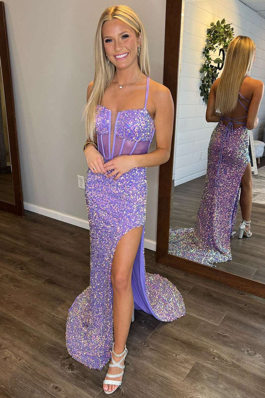 Estelle | Dazzling Lavender Sequin Prom Dress with Plunging Neckline