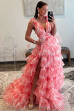 Cute A Line V-Neck Coral Floral Print Layered Long Prom Dress