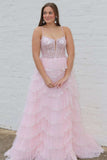 Angie | Straps Plunging Neck Pink Sequin Tiered Prom Gown