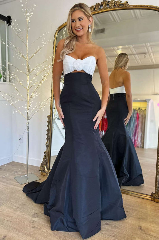 Julie | Strapless Black and White Ruched Mermaid Prom Dress