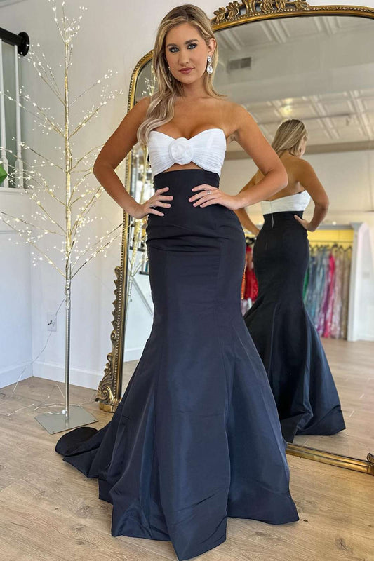 Julie | Strapless Black and White Ruched Mermaid Prom Dress