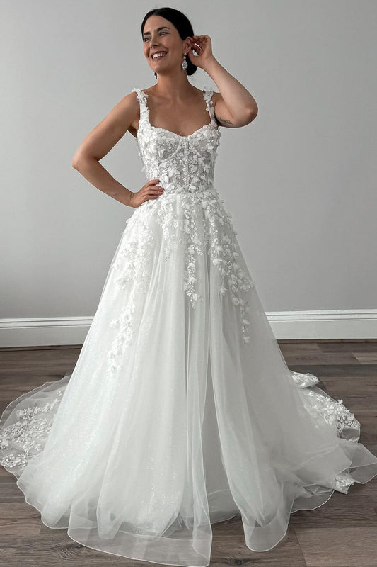 Fairy A Line Square Neck Tulle Wedding Dresses with 3D Appliques AB4091605-1
