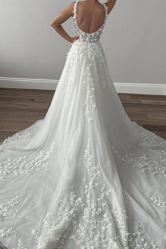 Fairy A Line Square Neck Tulle Wedding Dresses with 3D Appliques AB4091605-2