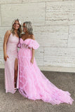Fairy Ball Gown Sweetheart Pink Tulle Prom Dresses with Ruffled Sleeves AB24091406-1