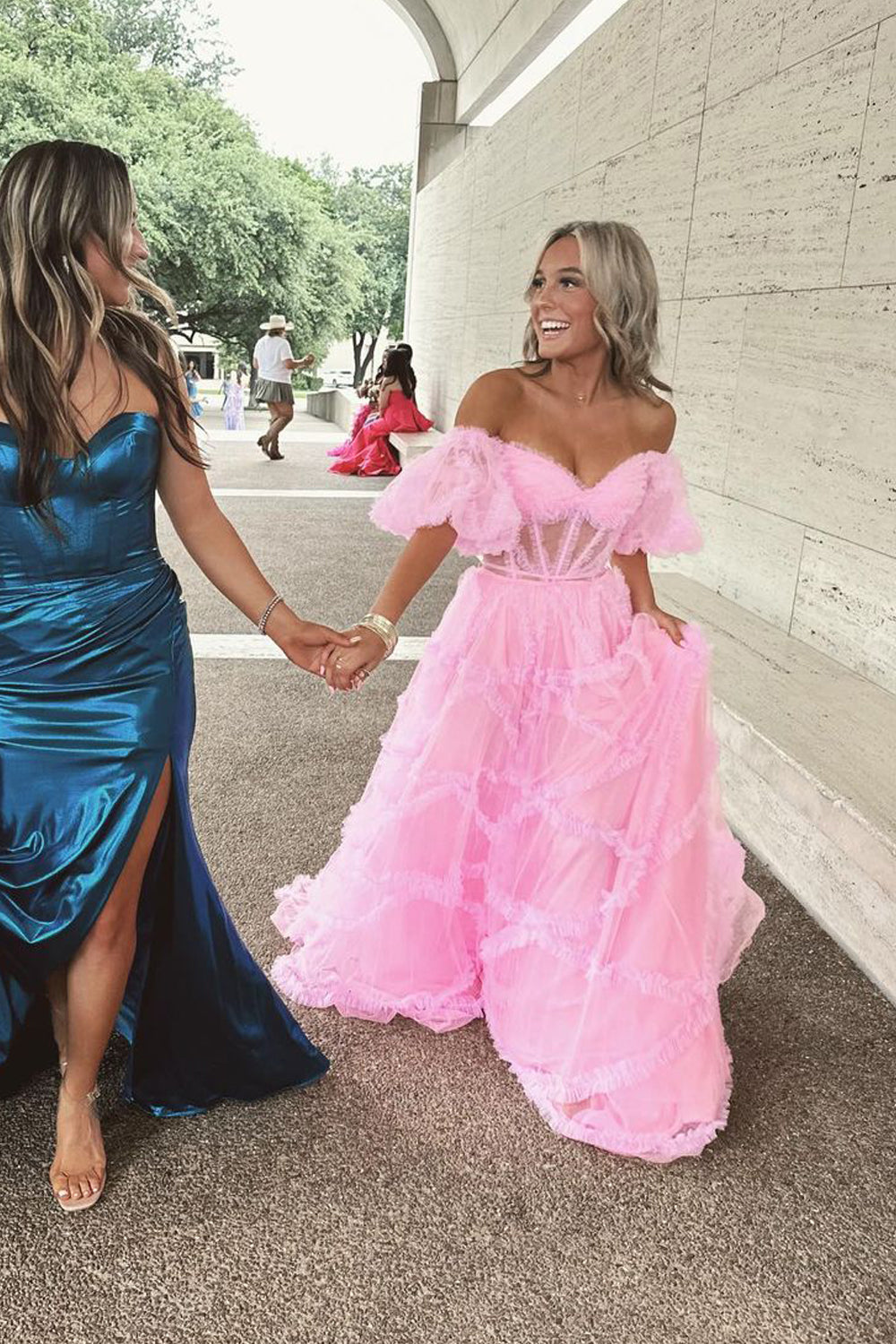 Fairy Ball Gown Sweetheart Pink Tulle Prom Dresses with Ruffled Sleeves AB24091406-2