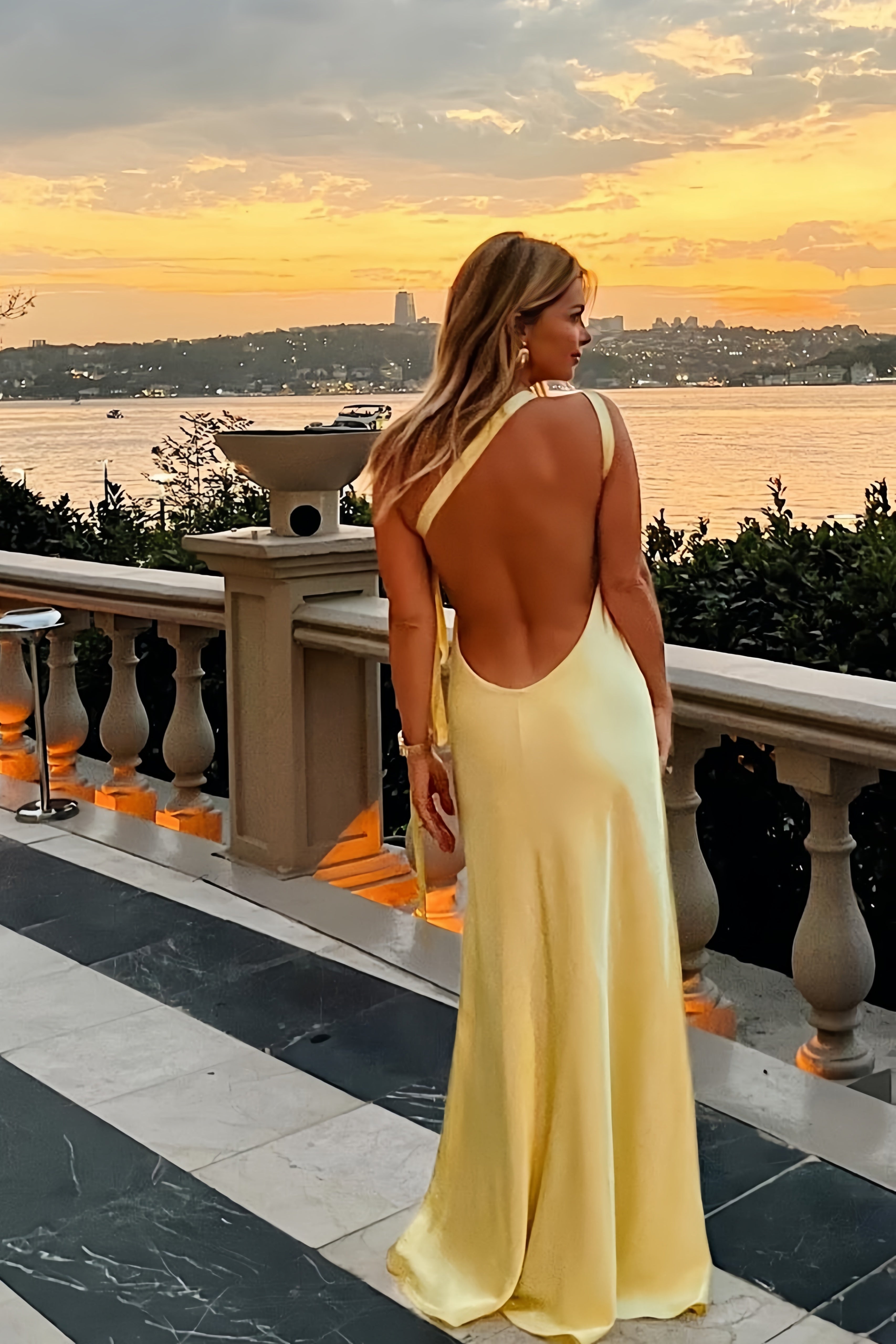 Pastel Yellow One-Shoulder Silk Satin Sheath Prom Dress, Backless Long Party Gown