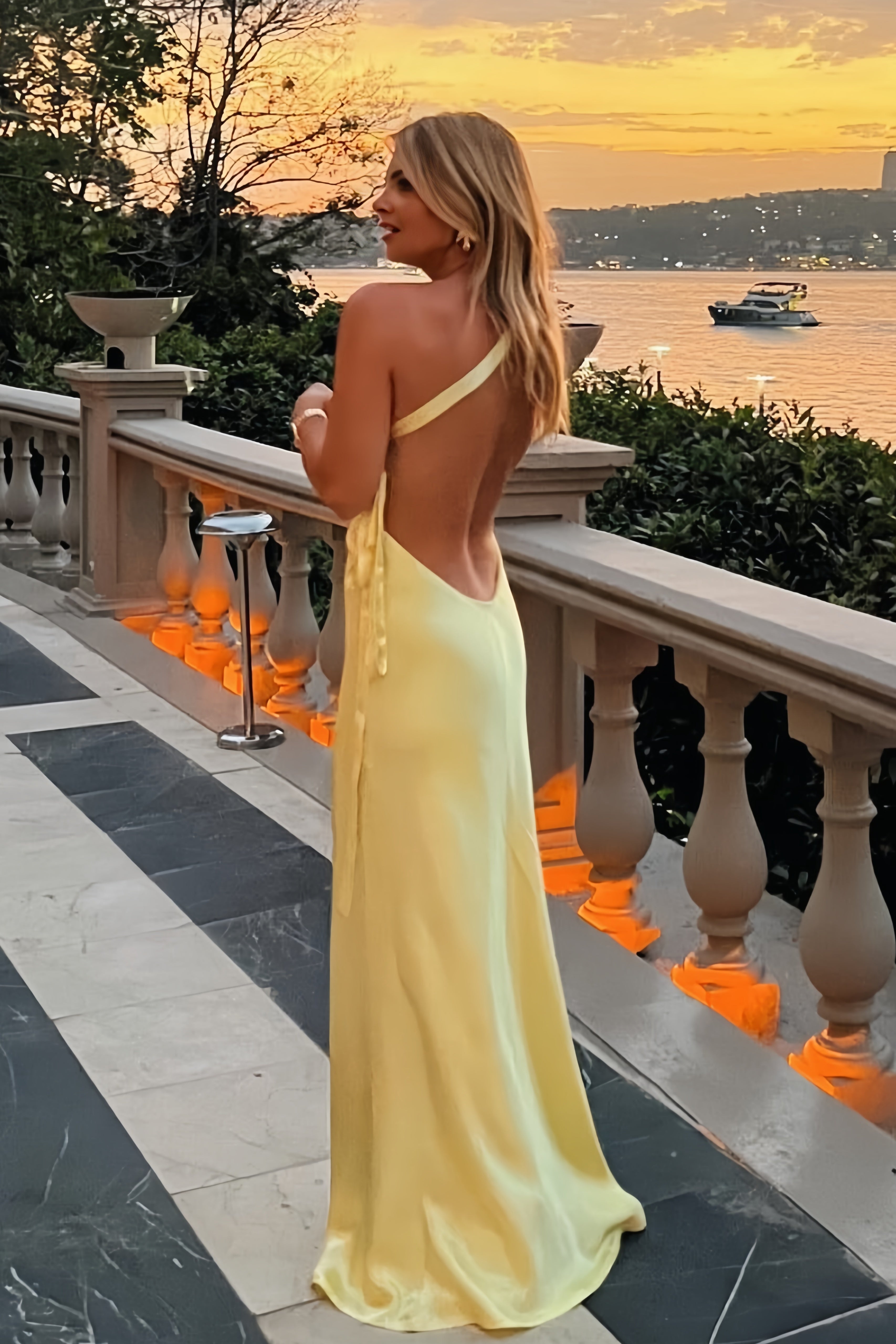 Pastel Yellow One-Shoulder Silk Satin Sheath Prom Dress, Backless Long Party Gown