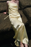 Pastel Yellow One-Shoulder Silk Satin Sheath Prom Dress, Backless Long Party Gown