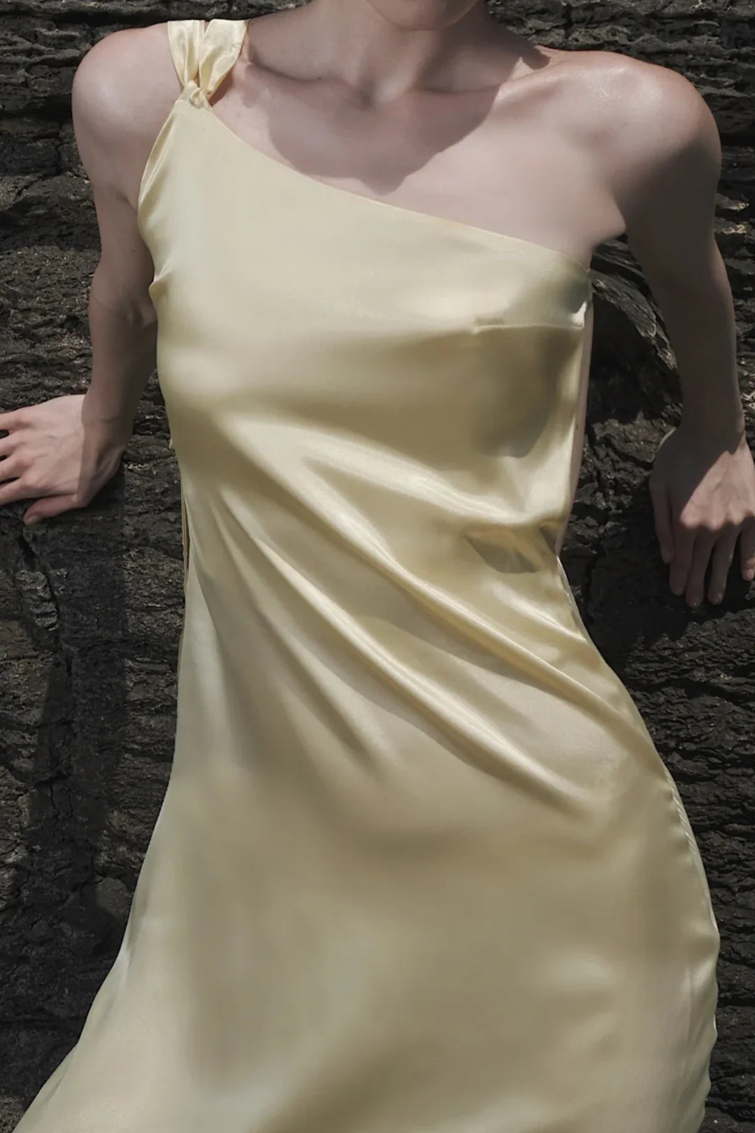 Pastel Yellow One-Shoulder Silk Satin Sheath Prom Dress, Backless Long Party Gown