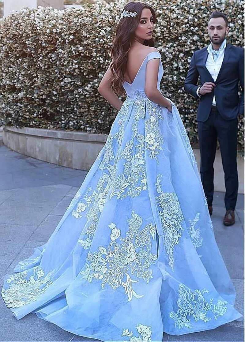 Alivia | Sky Blue Ball Gown Quinceañera Dress with Lace Appliques and Off-the-Shoulder Design