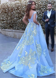 Alivia | Sky Blue Ball Gown Quinceañera Dress with Lace Appliques and Off-the-Shoulder Design