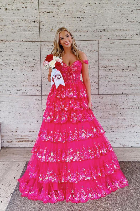 Gorgeous Ball Gown Off the Shoulder Hot Pink Sequins Tiered Prom Dresses AB24091403-1