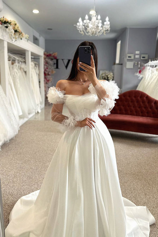 Gorgeous Ball Gown Strapless Satin Wedding Dresses with Sleeves AB24090902-2