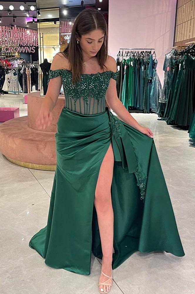 Elegant Off-the-Shoulder Green Satin Mermaid Prom Dress with Beading