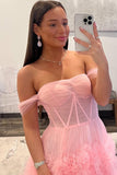 Isabella | Gorgeous Off-the-Shoulder Pink Ball Gown Long Tulle Prom Dress