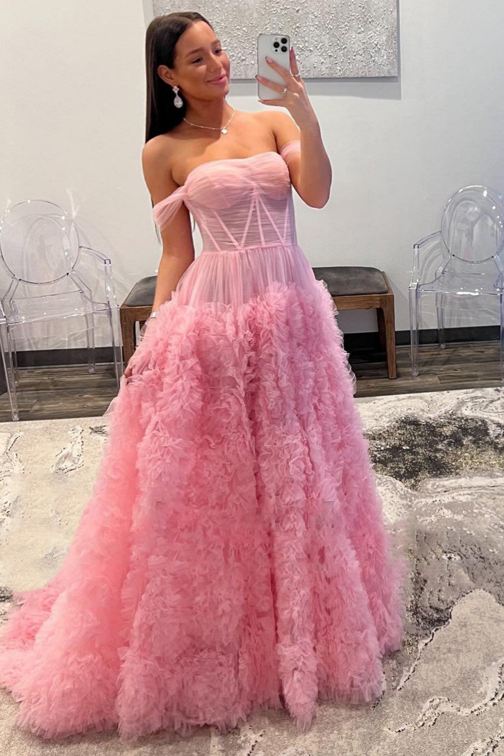 Isabella | Gorgeous Off-the-Shoulder Pink Ball Gown Long Tulle Prom Dress