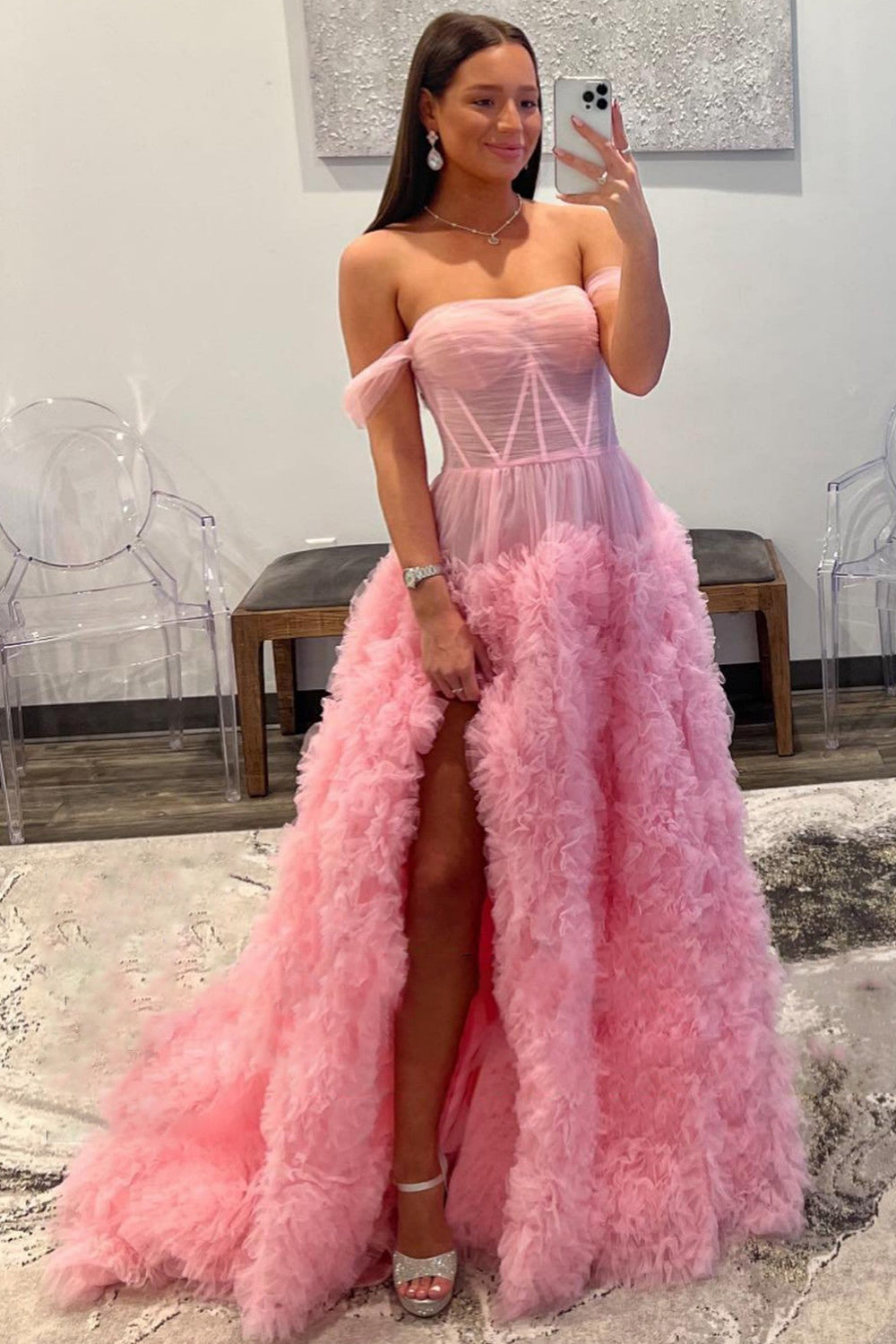 Isabella | Gorgeous Off-the-Shoulder Pink Ball Gown Long Tulle Prom Dress