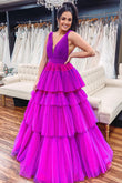 Giana |A-Line V Neck Tiered Tulle Prom Dress