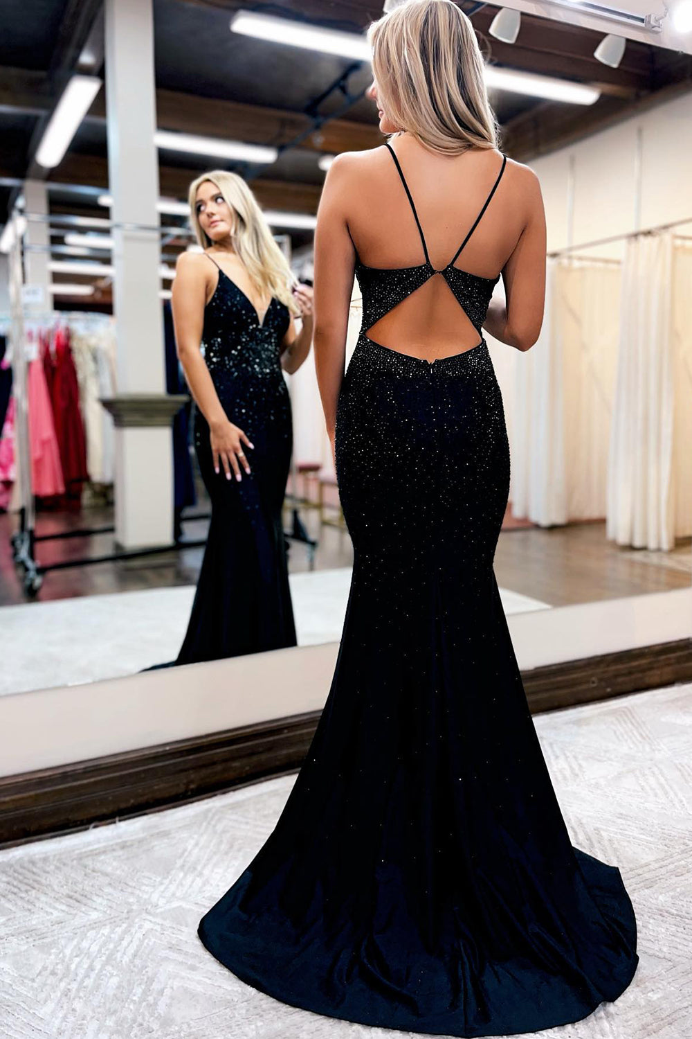 Deborah | Mermaid Beaded Satin Prom Dress with Spaghetti Straps