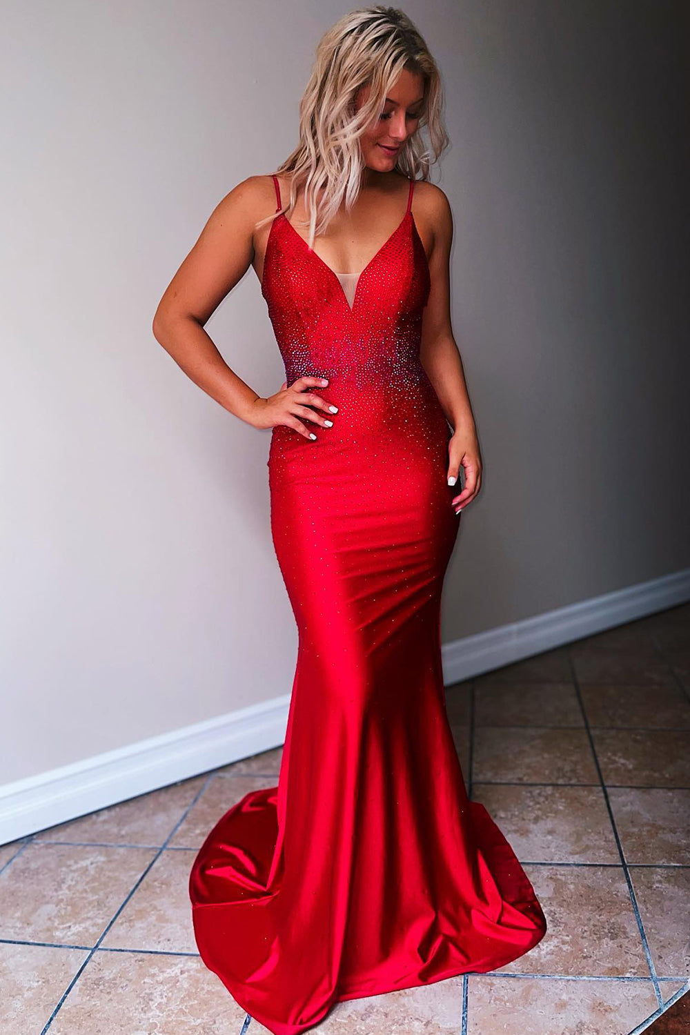 Deborah | Mermaid Beaded Satin Prom Dress with Spaghetti Straps