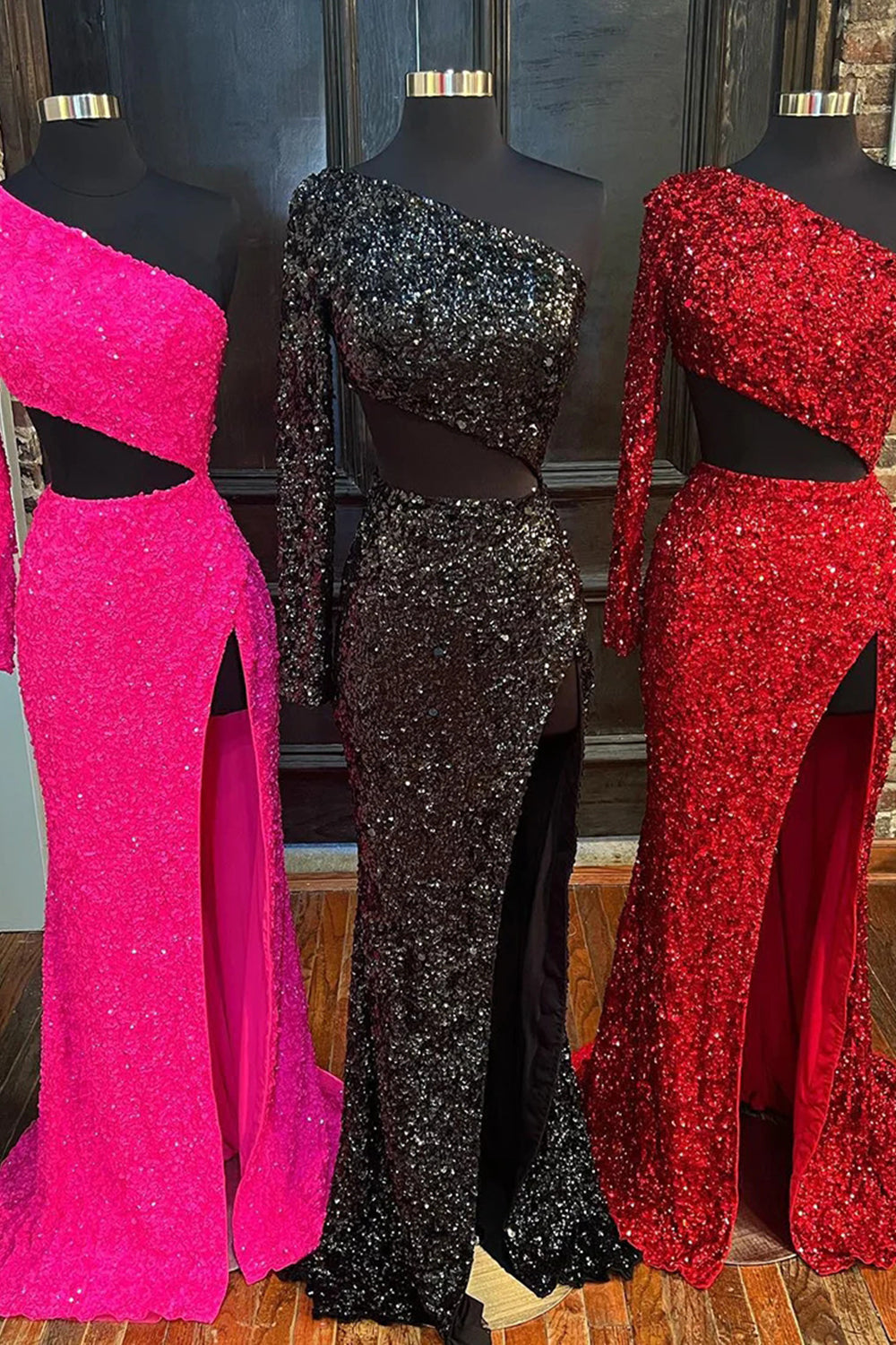 One-Shoulder Red Sequined Sheath Prom Dress with Slit