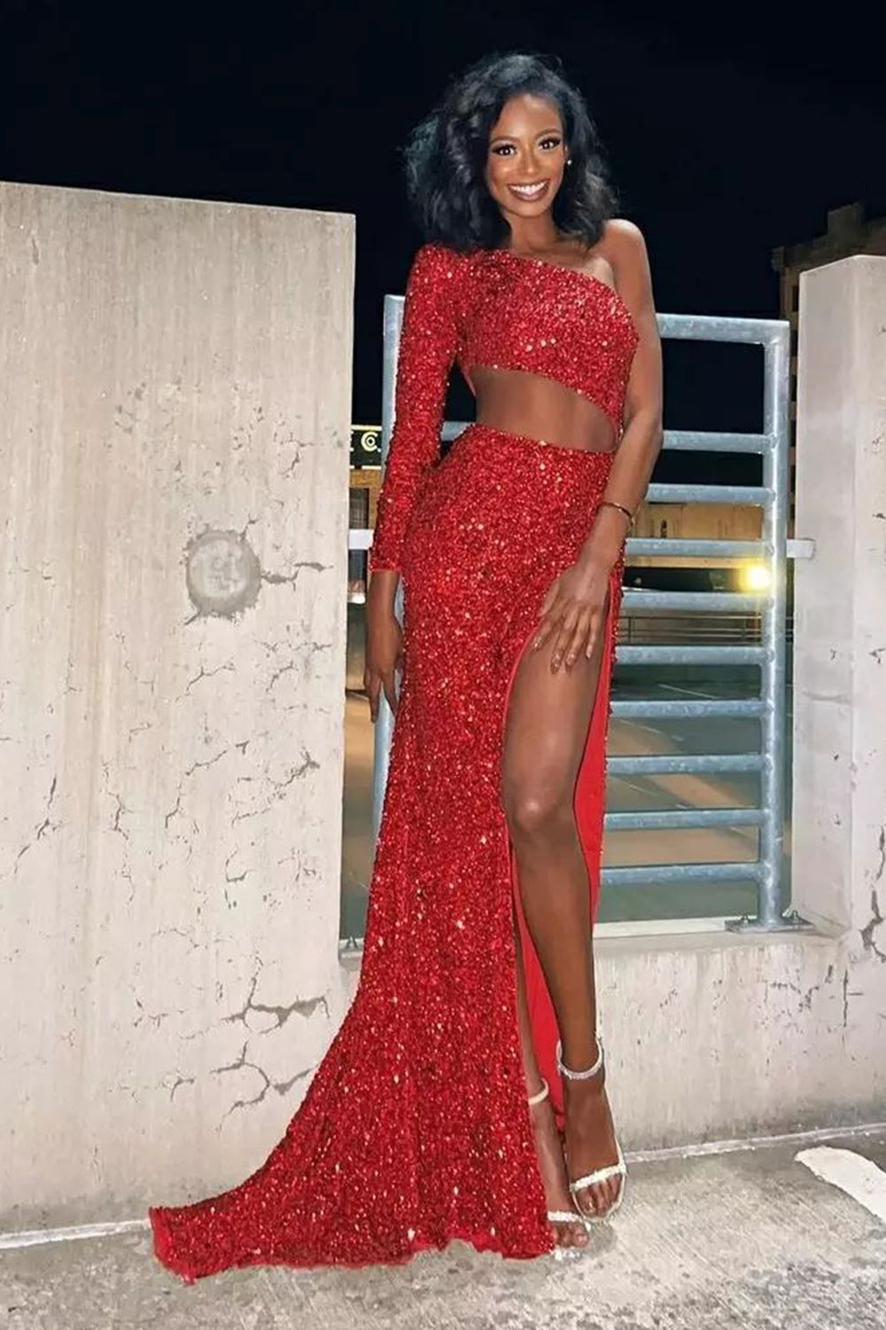 One-Shoulder Red Sequined Sheath Prom Dress with Slit