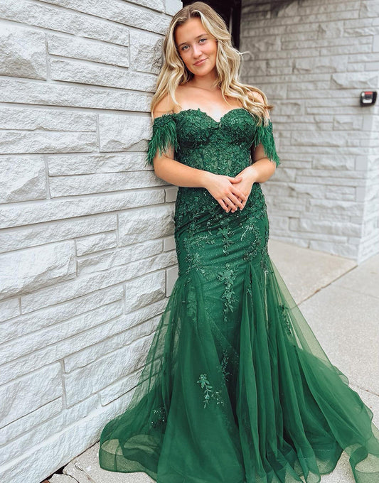 Pauline | Dark Green Mermaid Corset Long Prom Dress with Appliqués