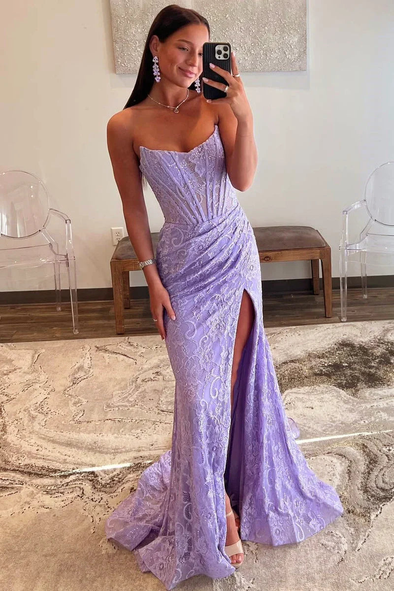 Mandy | Strapless Lavender Lace Ruched Mermaid Prom Dress with Slit