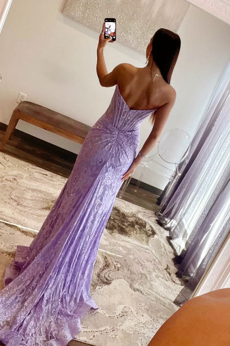 Mandy | Strapless Lavender Lace Ruched Mermaid Prom Dress with Slit