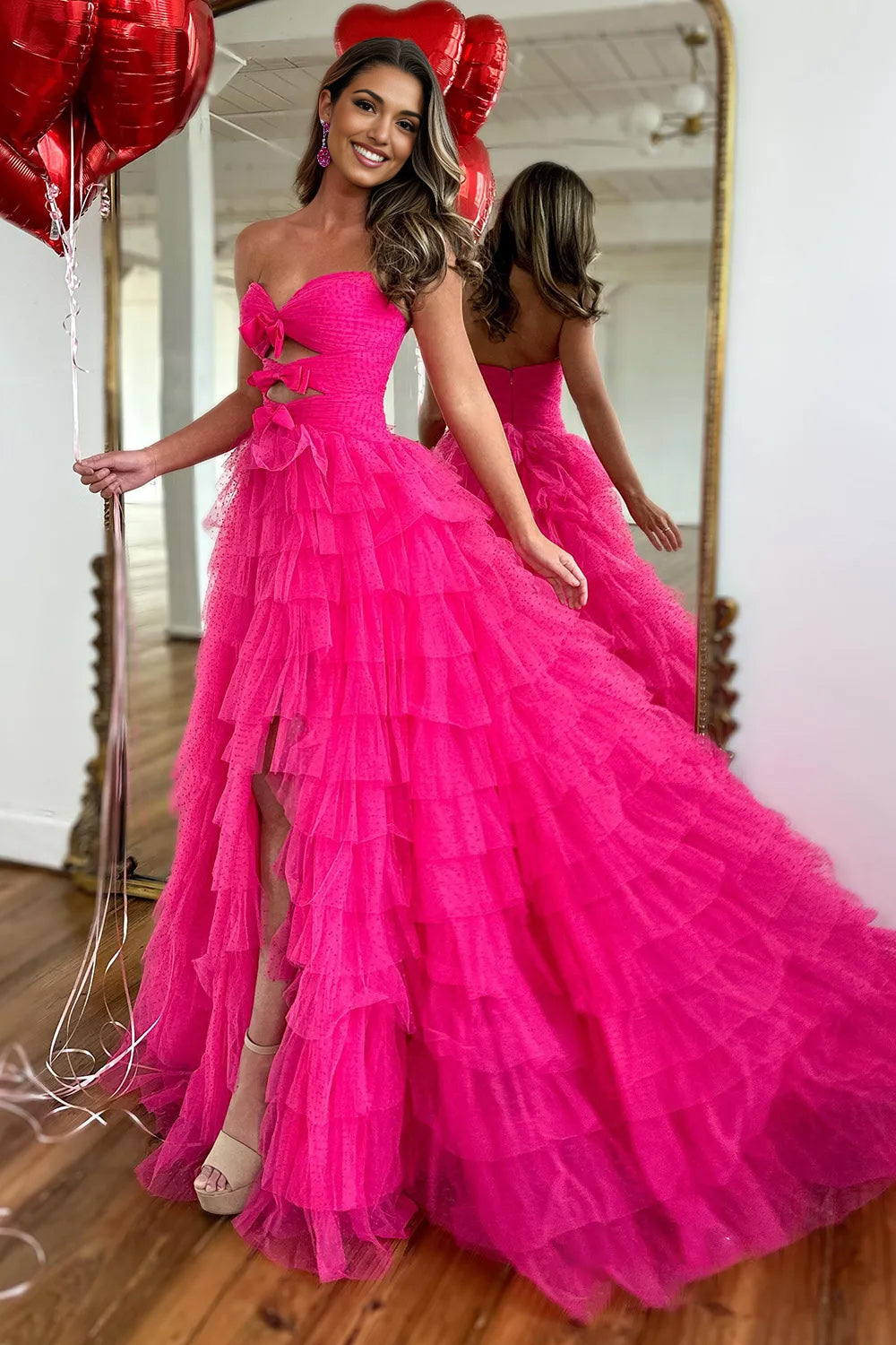 Polka Dot Strapless Ruffle Tiered Prom Gown with Keyholes