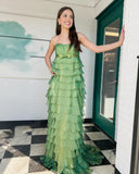 A-Line Strapless High-Waist Ruffle Tiered Long Prom Dress with Bow