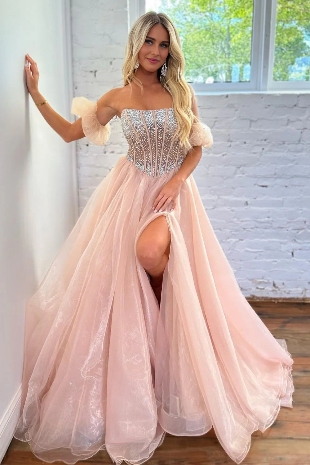 Brianna | Strapless Blush A-Line Corset Prom Dress in Layered Organza