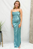 Danielle | Light Blue Cowl Neck Twist Knot Pleated Long Prom Dress With Slit