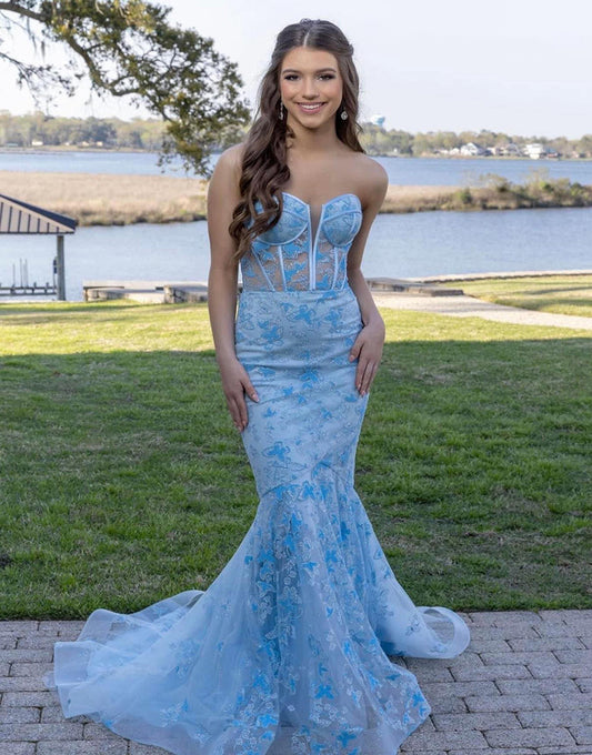 Ruth | Light Blue Strapless Long Prom Dress with Appliqués