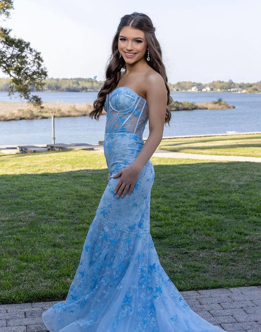 Ruth | Light Blue Strapless Long Prom Dress with Appliqués