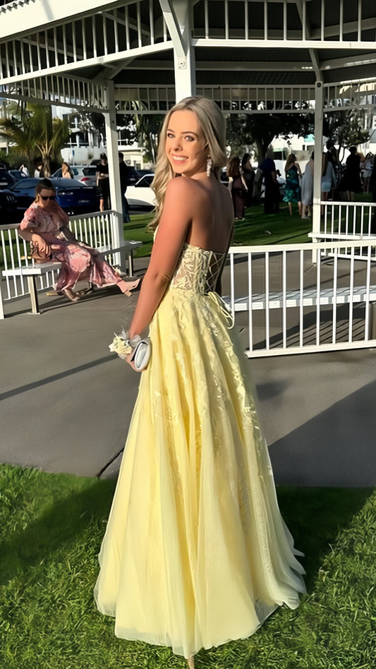 Light Yellow Appliqué Formal Prom Dress for Teens