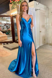 Shelby| Mermaid Spaghetti Strap V-Neck Satin Prom Dress with Slit