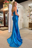 Shelby| Mermaid Spaghetti Strap V-Neck Satin Prom Dress with Slit