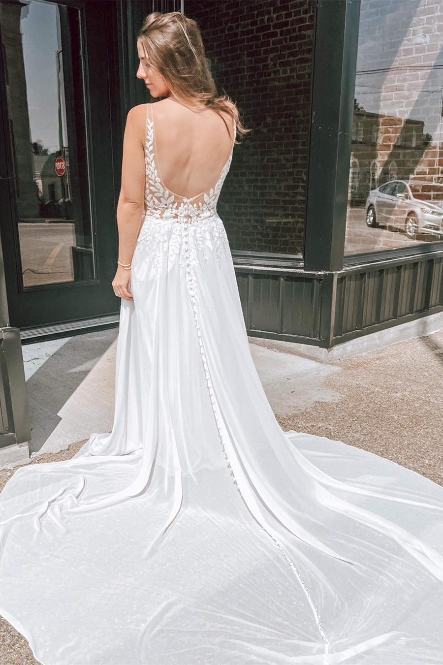 White Plunge V-Neck Wedding Dress with Appliqués and Open Back