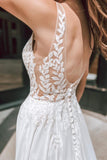 White Plunge V-Neck Wedding Dress with Appliqués and Open Back